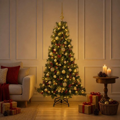 Kunstigt juletræ med julekugler og LED-lys 120 cm - varm hvid