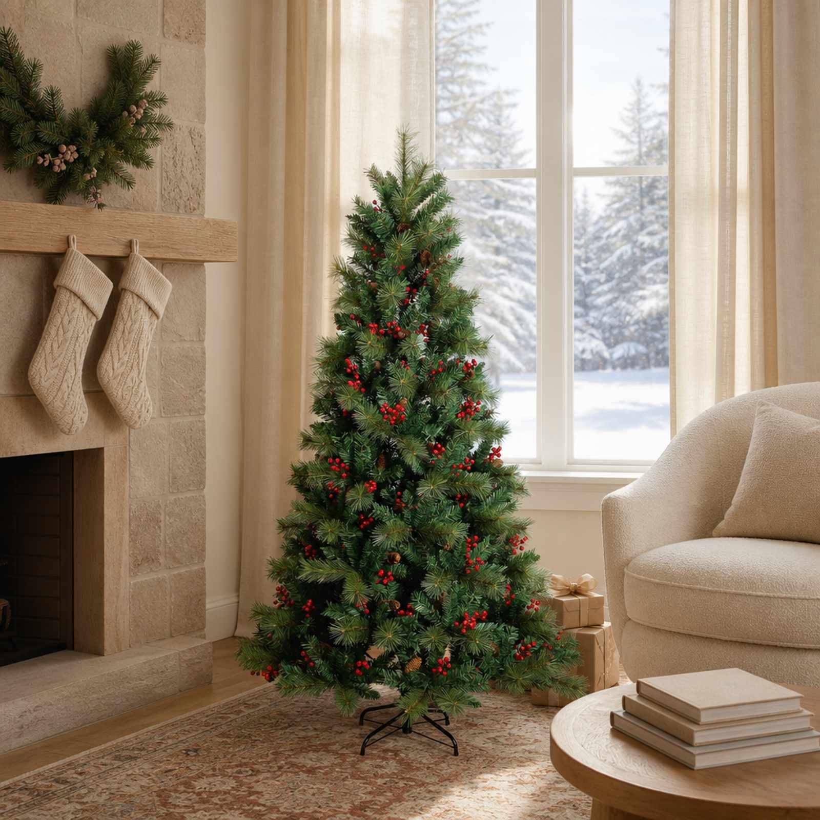 Kunstigt juletræ med julekugle 300 LED'er Varm hvid 120 cm, uden LED