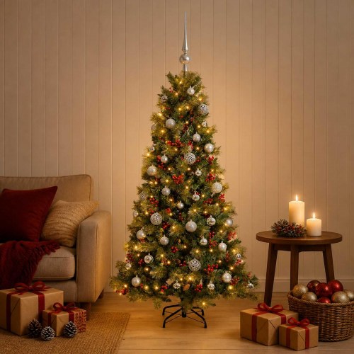 Kunstigt juletræ med julekugler og LED-lys - 120 cm, varm hvid
