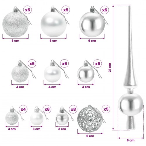 Kunstigt juletræ med julekugler og LED-lys - 120 cm, varm hvid