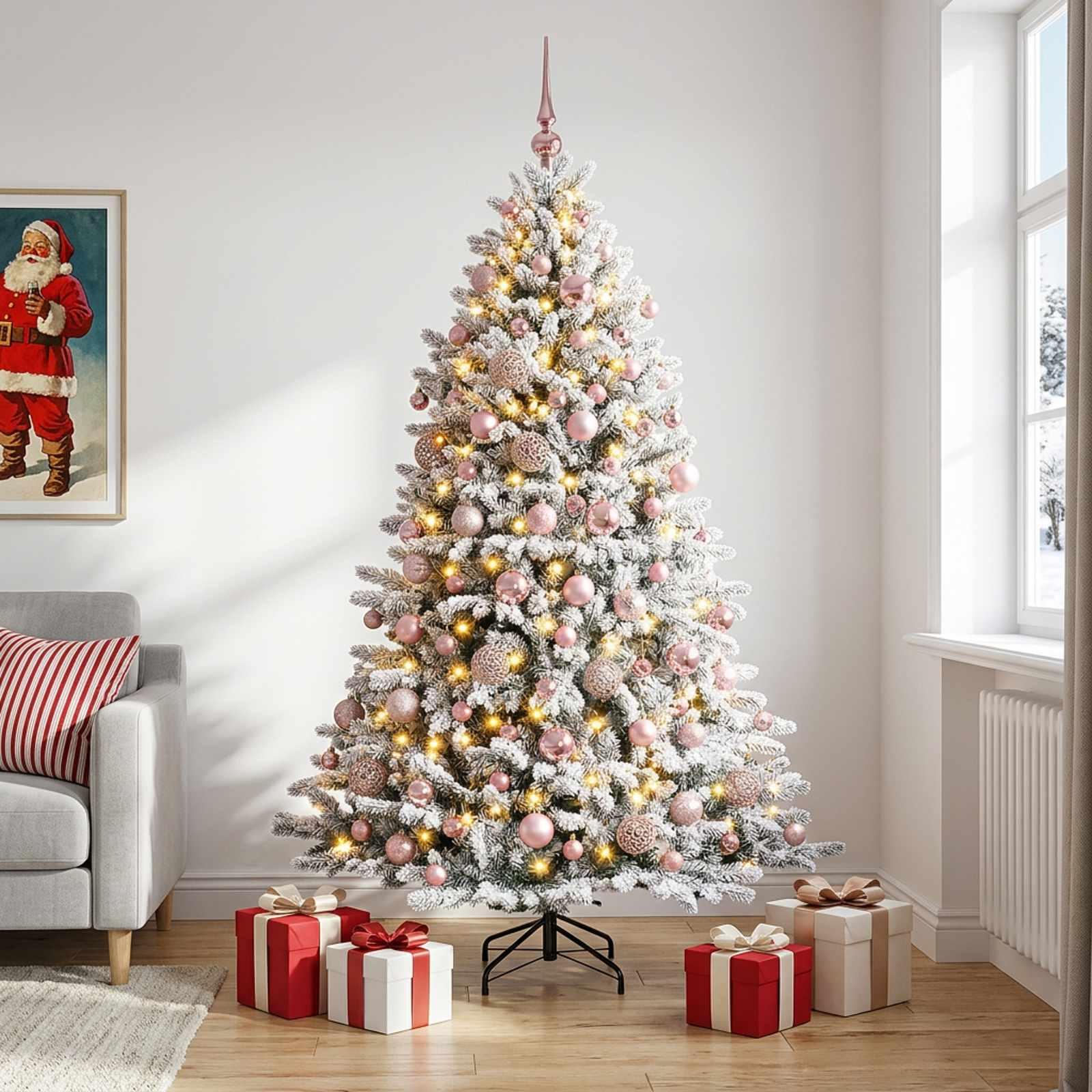 Kunstigt juletræ med kugler, sneeffekt og 300 LED-lys 240 cm - varm hvid