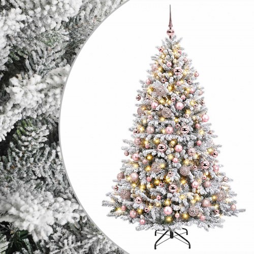 Kunstigt juletræ med kugler, sneeffekt og 300 LED-lys 240 cm - varm hvid