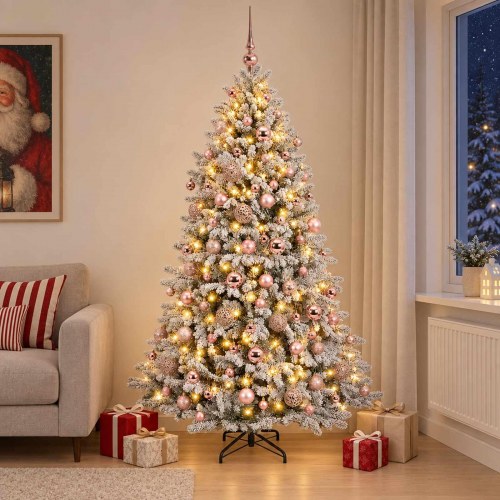 Kunstigt juletræ med kugler, sneeffekt og 300 LED-lys 240 cm - varm hvid