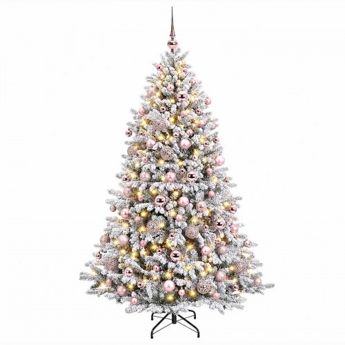 Kunstigt juletræ med kugler, sneeffekt og 300 LED-lys 240 cm - varm hvid
