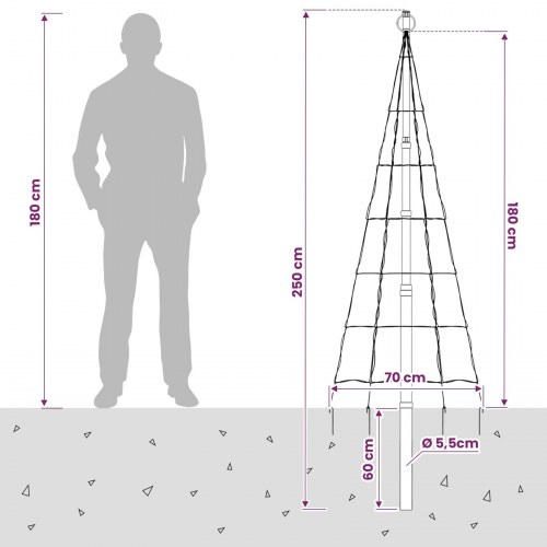 Juletræslys med flagstang og jordspyd - 180 cm, 168 LED RGB