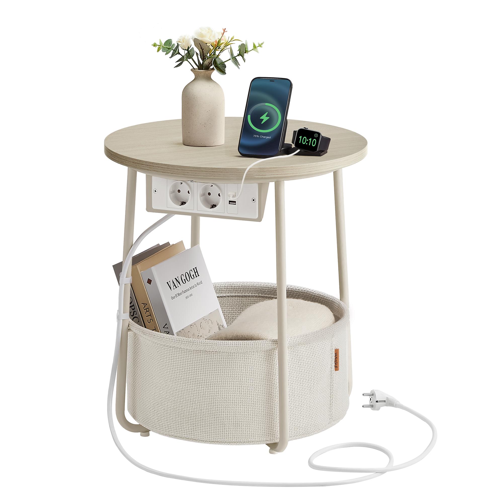 Rundt sidebord med stikkontakter og stofkurv - naturlig beige/cremehvid