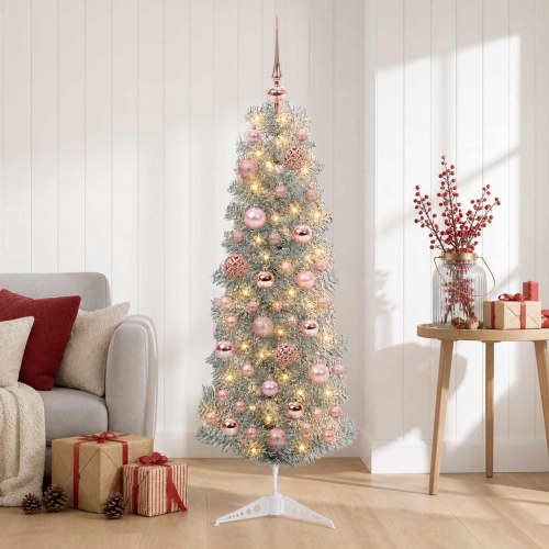 Slankt kunstigt juletræ med LED-lyskæde og kugler - sølv, 150 cm