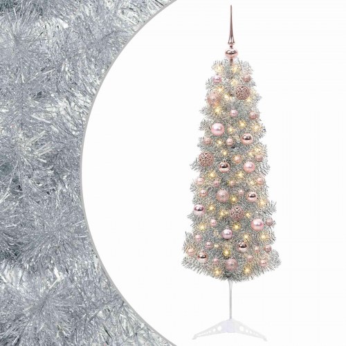 Slankt kunstigt juletræ med LED-lyskæde og kugler - sølv, 150 cm