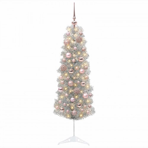 Slankt kunstigt juletræ med LED-lyskæde og kugler - sølv, 150 cm