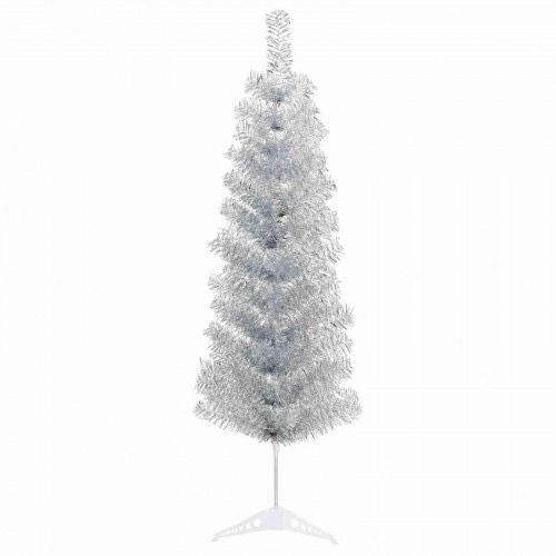 Slankt kunstigt juletræ med LED-lyskæde og kugler - sølv, 150 cm