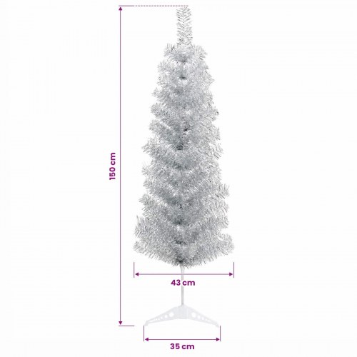 Slankt kunstigt juletræ med LED-lyskæde og kugler - sølv, 150 cm