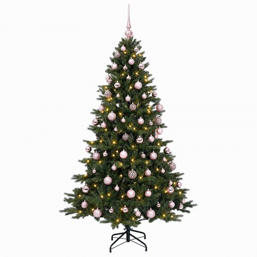 Kunstigt juletræ med julekugler og 300 LED'er - 210 cm, varm hvid
