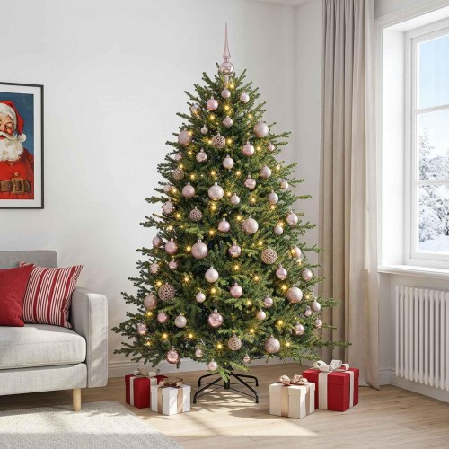 Kunstigt juletræ med julekugler og 300 LED'er - 240 cm