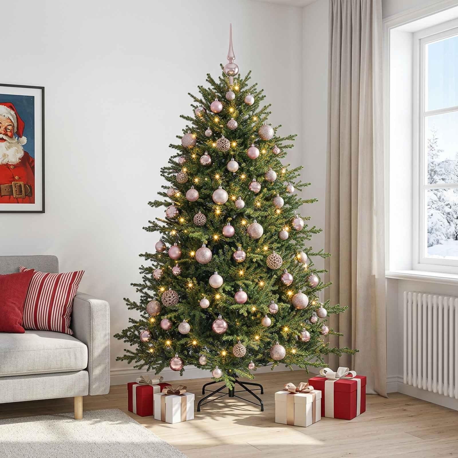 Kunstigt juletræ med julekugler og 300 LED'er - 240 cm