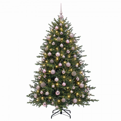 Kunstigt juletræ med julekugler og 300 LED'er - 240 cm