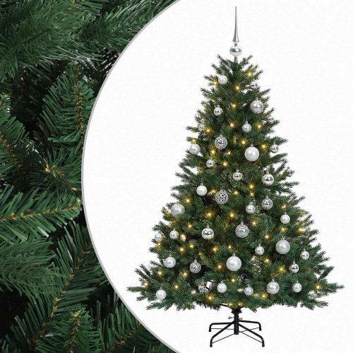 Kunstigt juletræ med LED-lyskæde og julekugler - 150 cm