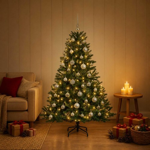 Kunstigt juletræ med LED-lyskæde og julekugler - 150 cm