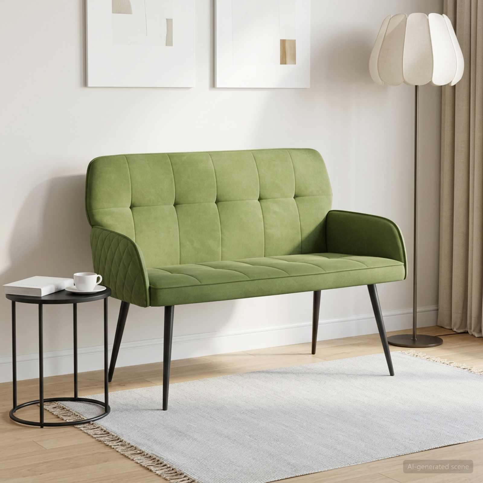 2-personers sofa i fløjl med metalben - lys grøn