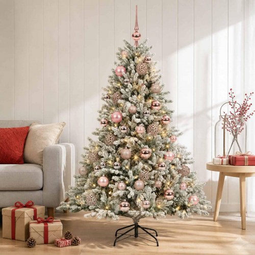 Kunstigt juletræ med julekugler og LED-lys 150 cm - varm hvid