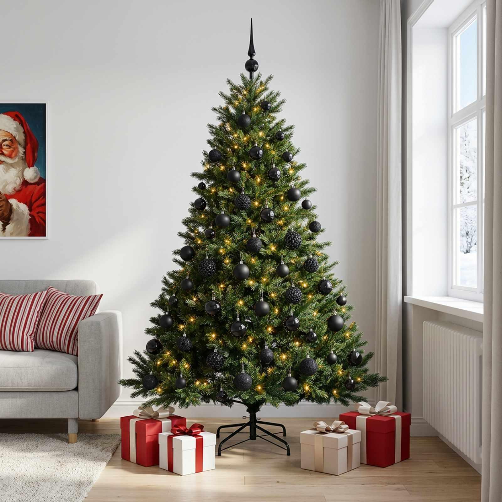 Kunstigt juletræ med LED-lys og julekugler 180 cm - varm hvid