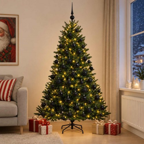 Kunstigt juletræ med LED-lys og julekugler 180 cm - varm hvid