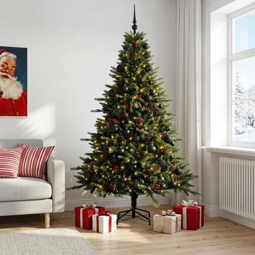 Kunstigt juletræ med julekugler 210 cm - 300 LED'er varm hvid