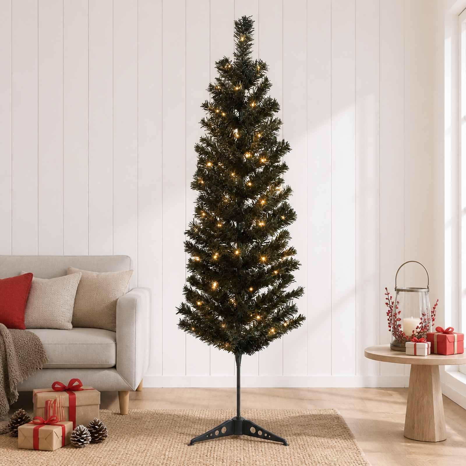 Slankt kunstigt juletræ med LED 120 cm - sort/varm hvid