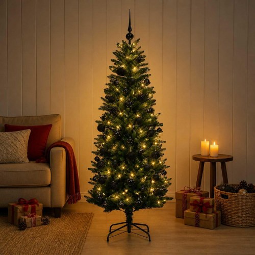 Kunstigt juletræ med julekugler 120 cm - 150 LED, varm hvid