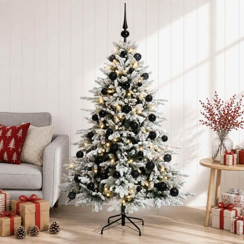 Kunstigt juletræ med kugler og LED-lys 150 cm - grøn/hvid