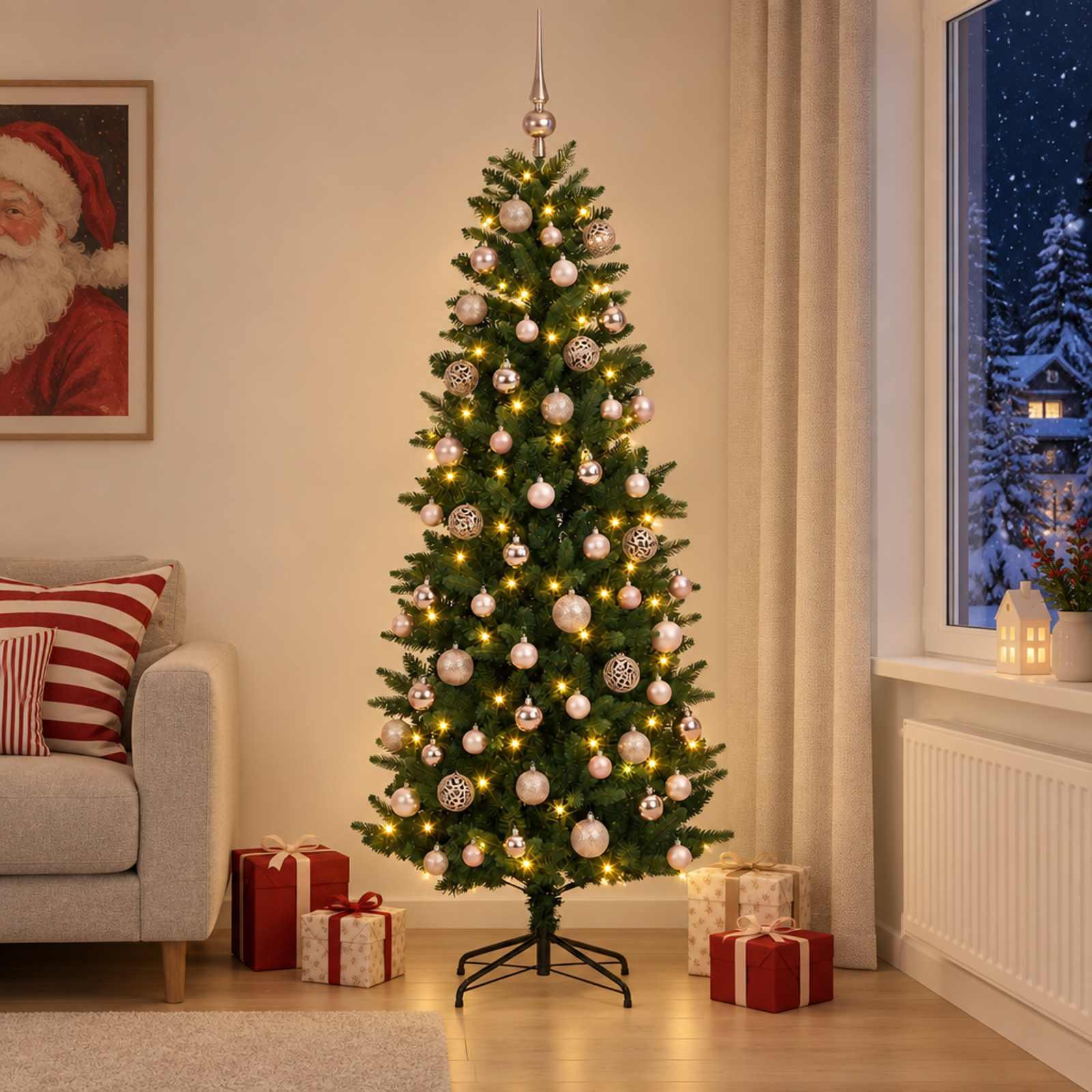 Kunstigt juletræ med kugler og LED 180 cm - varm hvid