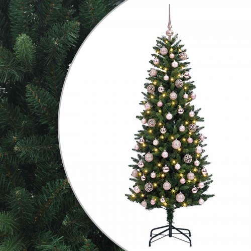 Kunstigt juletræ med kugler og LED 180 cm - varm hvid