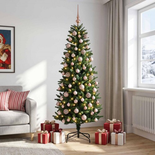 Kunstigt juletræ med kugler og LED 180 cm - varm hvid