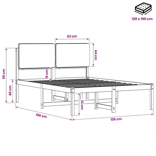 Sengestel med polstret hovedgavl 120 x 190 cm - naturfarvet og lysegrå