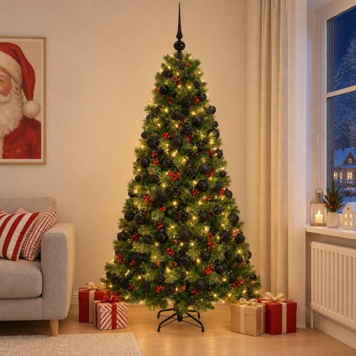 Kunstigt juletræ med kugler og LED - 180 cm