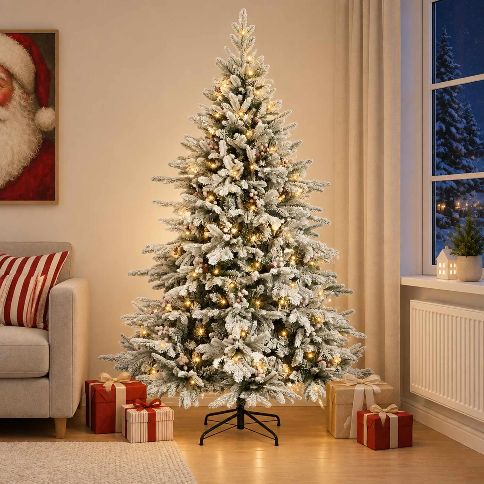 Kunstigt hængslet juletræ 210 cm med sneeffekt og 300 LED'er