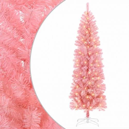 Slankt kunstigt juletræ 240 cm med 300 LED - lyserød
