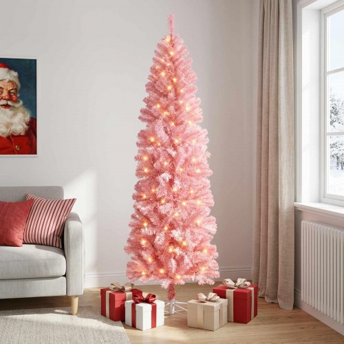 Slankt kunstigt juletræ 240 cm med 300 LED - lyserød