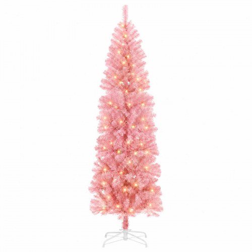 Slankt kunstigt juletræ 240 cm med 300 LED - lyserød