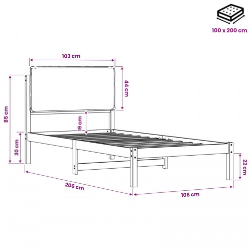 Sengestel med polstret hovedgavl 100 x 200 cm - hvidvasket og taupe
