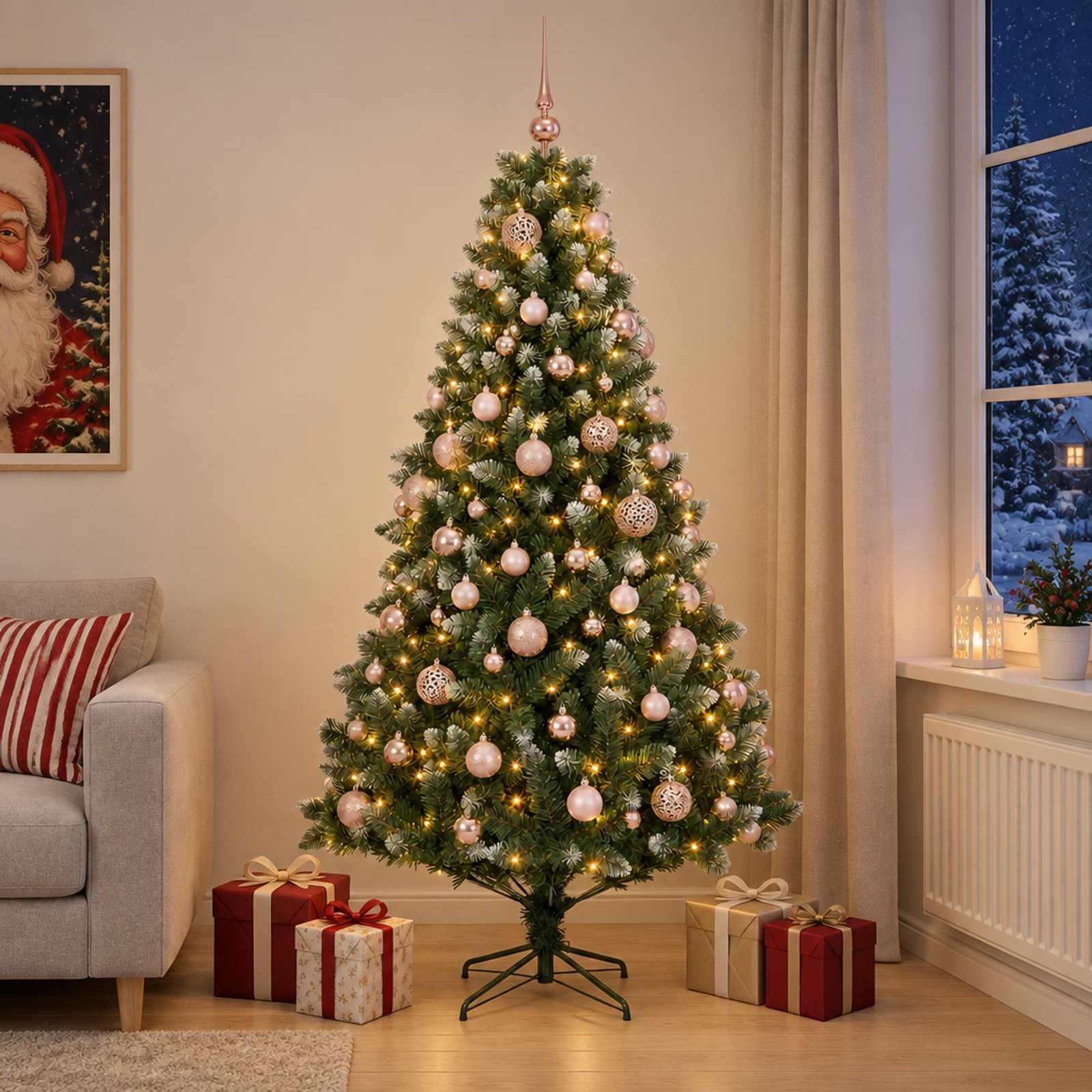 vidaXL Kunstig juletræ med kugler 180 cm 300 LED'er Varm hvid