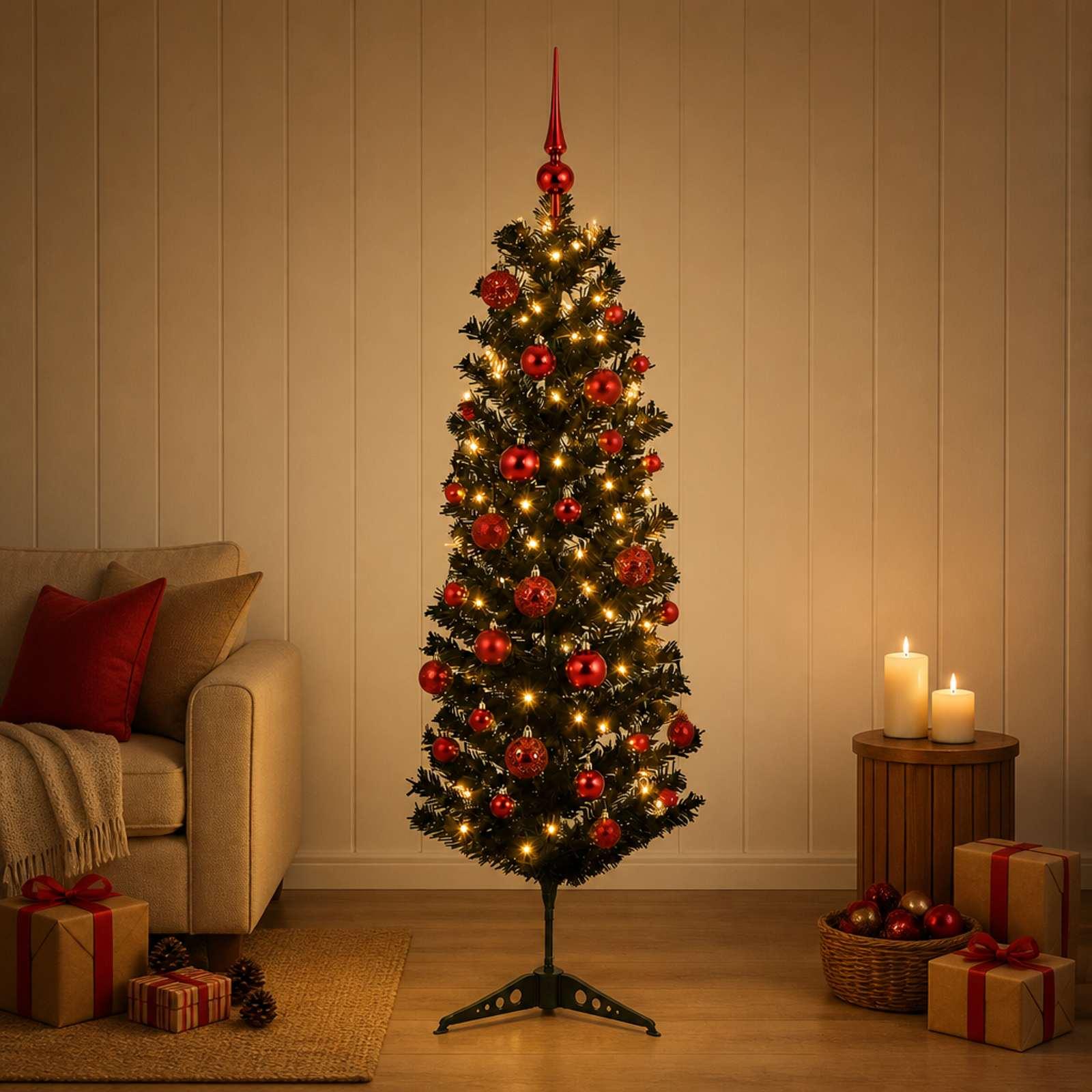 Kunstigt slankt juletræ med LED-lyskæde og julekugler - 120 cm