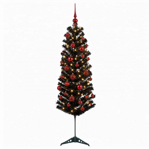 Kunstigt slankt juletræ med LED-lyskæde og julekugler - 120 cm