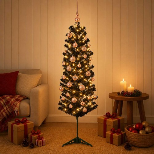 Kunstigt slankt juletræ med LED og julekugler - 120 cm