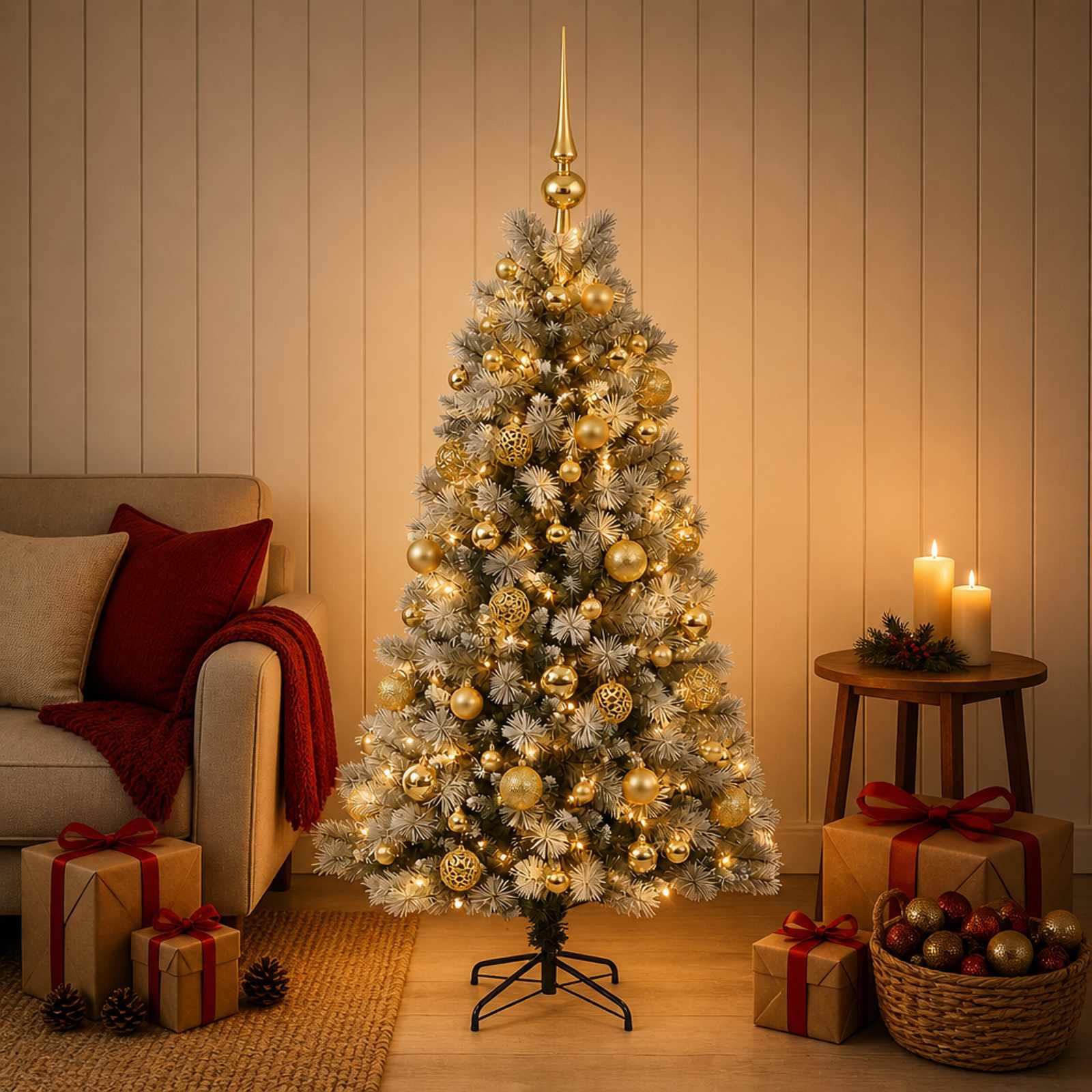 vidaXL Kunstigt hængslet juletræ med julekugler 120 cm 150 LED'er