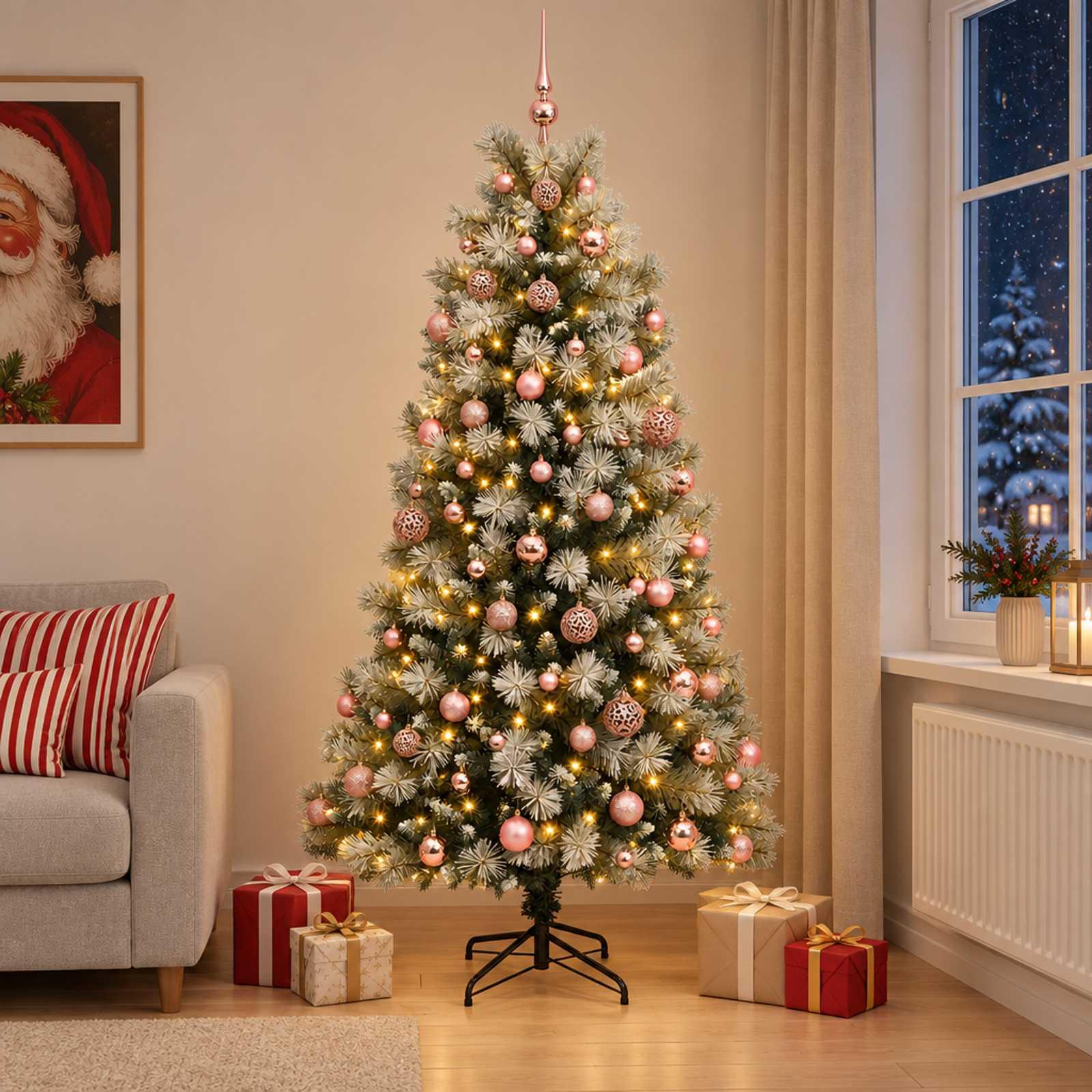 vidaXL Kunstigt hængslet juletræ med julekugler 180 cm 300 LED'er