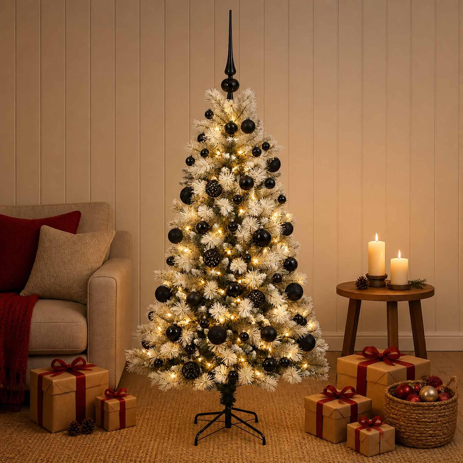 vidaXL Kunstigt hængslet juletræ med julekugler 120 cm 150 LED'er