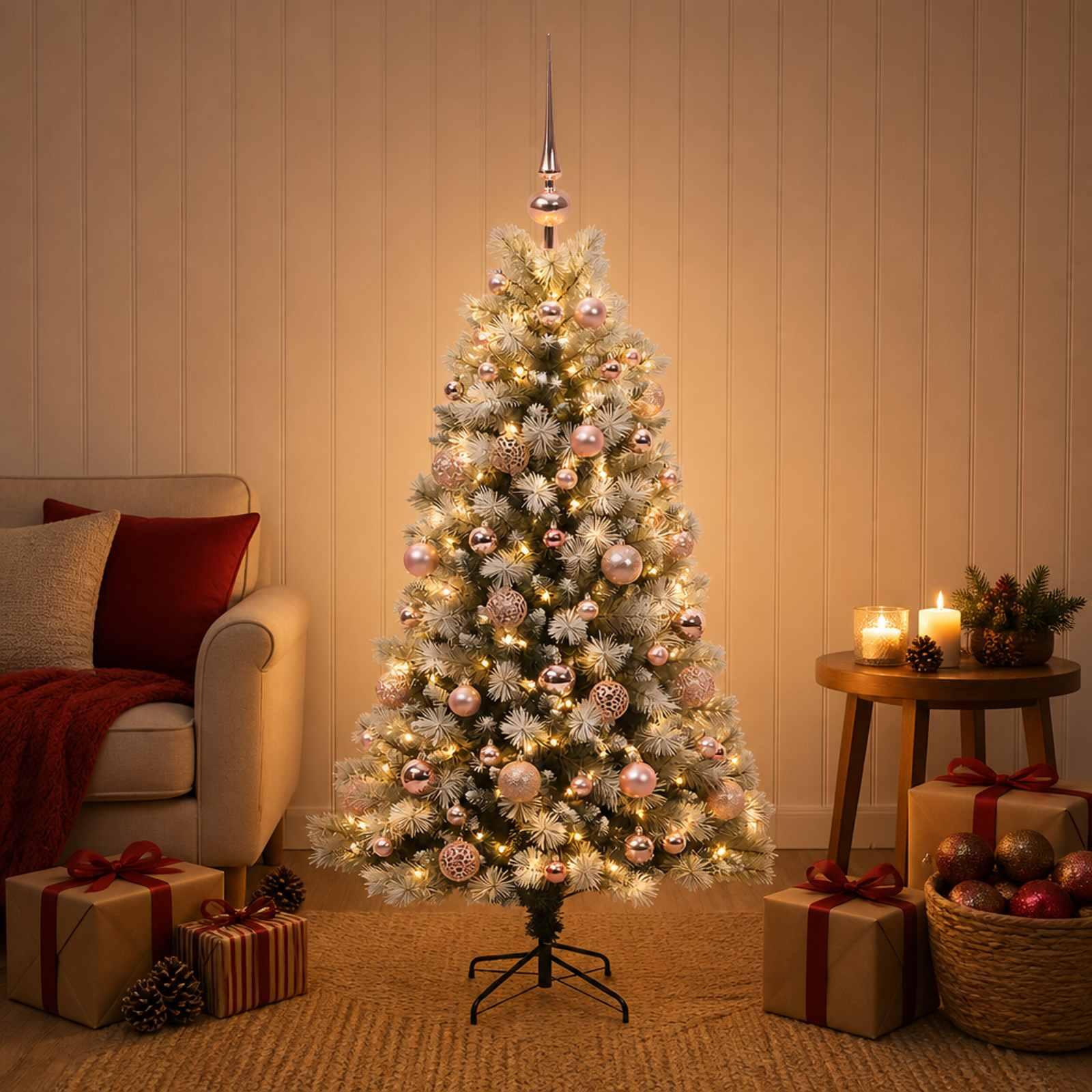 vidaXL Kunstigt hængslet juletræ med julekugler 120 cm 150 LED'er