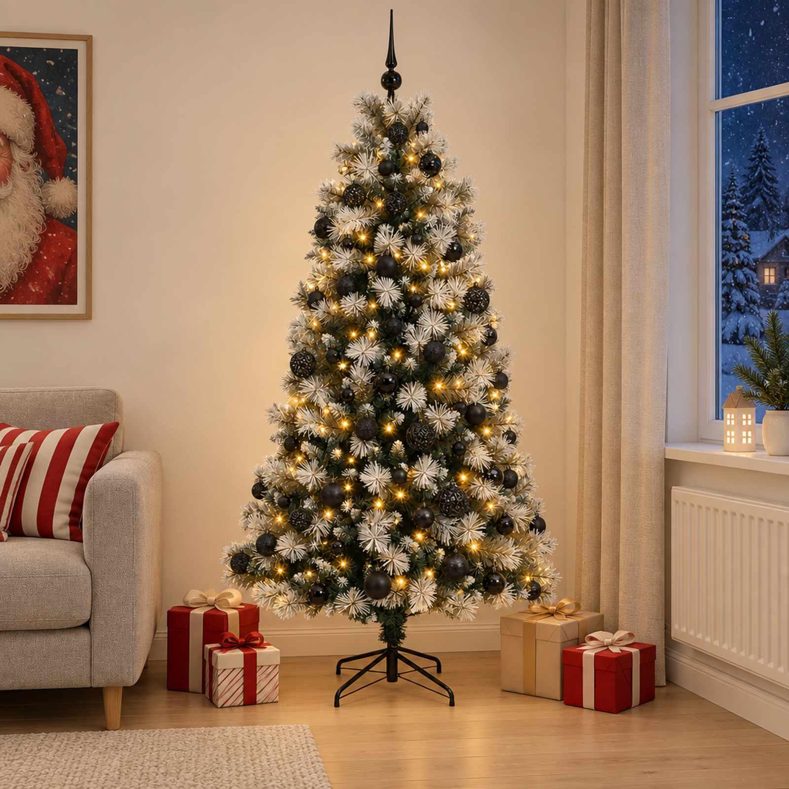 vidaXL Kunstigt hængslet juletræ med julekugler 210 cm 300 LED'er