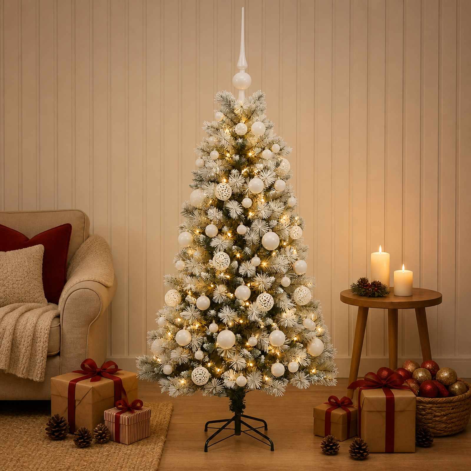 vidaXL Kunstigt hængslet juletræ med julekugler 120 cm 150 LED'er