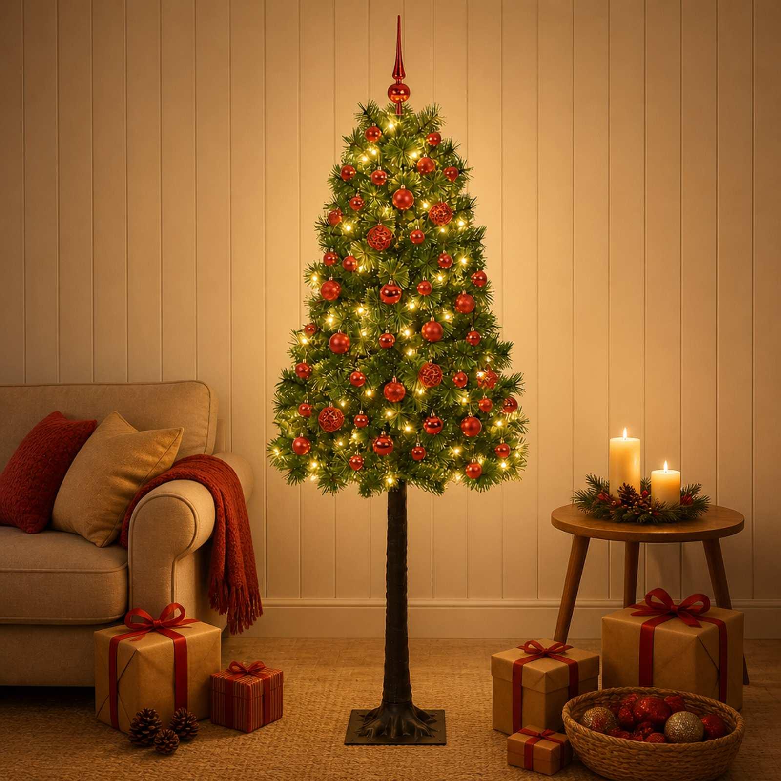 vidaXL Kunstigt hængslet juletræ med julekugler 120 cm 150 LED'er